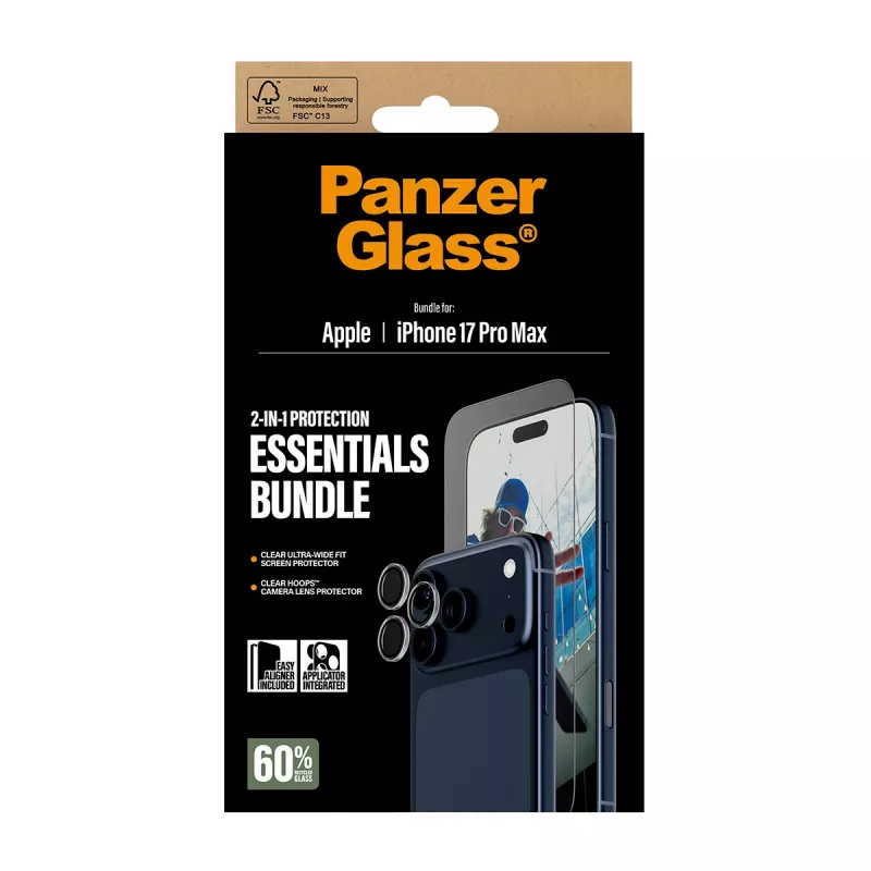 PanzerGlass bundle essenziale 2-in-1 iPhone 17 Pro Max antigraffio antiurto