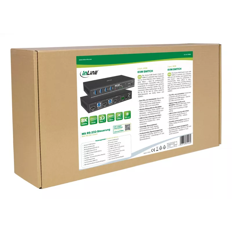 InLine 57885C Switch KVM, 2 porte, HDMI, 8K@60Hz, USB 3.2, con IR e RS-232