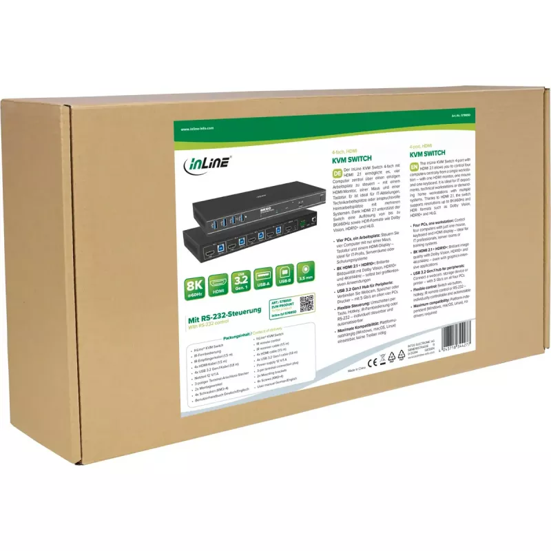 InLine 57885D Switch KVM, a 4 vie, HDMI, 8K@60Hz, USB 3.2, con IR e RS-232
