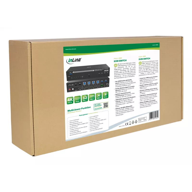 InLine 57885I Switch KVM, a 4 vie, HDMI, 4K60Hz, multiviewer, hub USB, nero