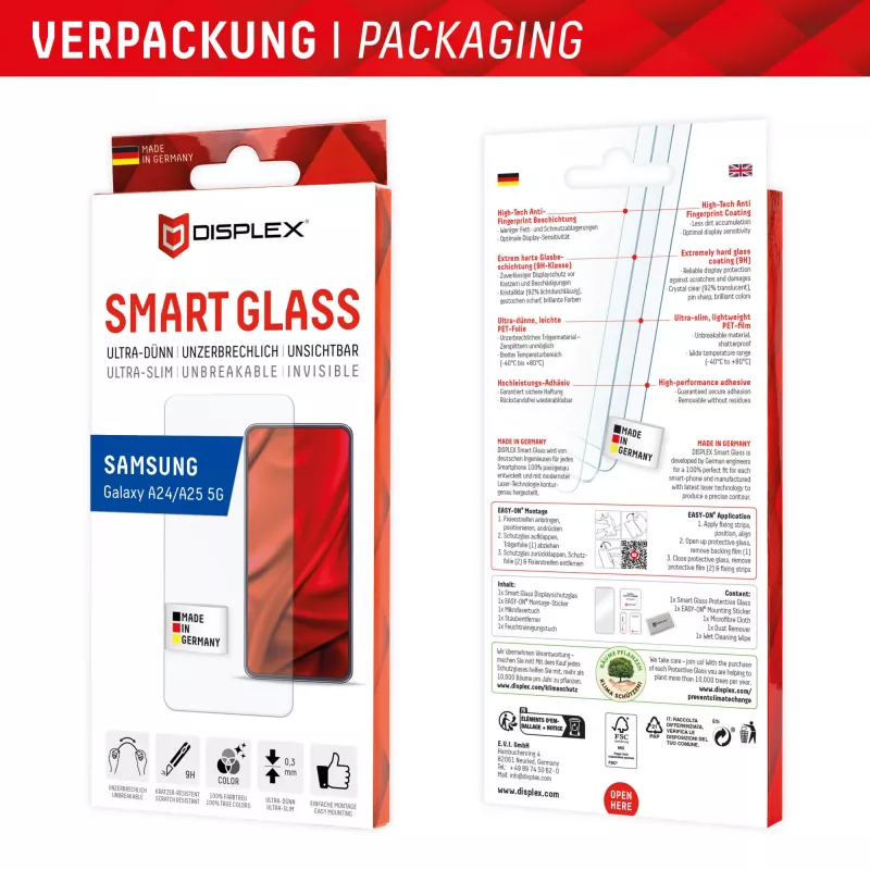 Displex Smart Glass (9H) per Samsung Galaxy A24/A25 5G, adesivo di montaggio, infrangibile