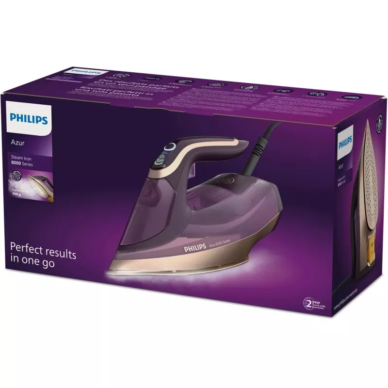 Philips DST8040/30 Azur 8000 Series ferro da stiro a vapore, 3000 W, serbatoio da 0,35 L, piastra SteamGlide Elite, vapore verticale, 80 g/min, colpo di vapore da 260 g/min, viola scuro