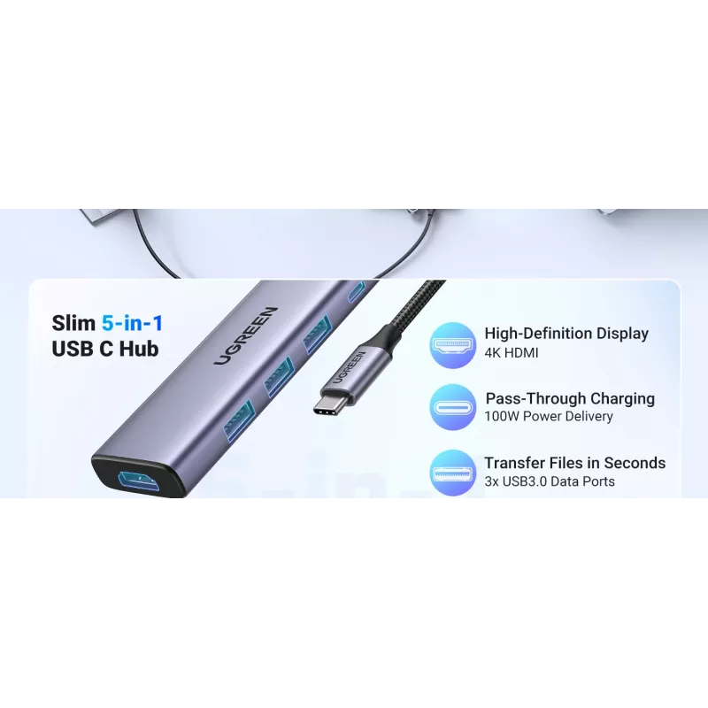 Hub USB Type-C UGREEN 20956A con HDMI e USB 3.0, 5 Gbit/s, 4K 3840x2160, argento
