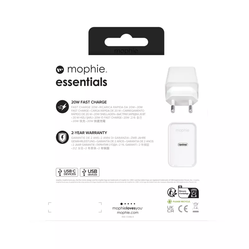 mophie essentials alimentatore USB-C PD 20W universale bianco ricarica rapida AC per interni