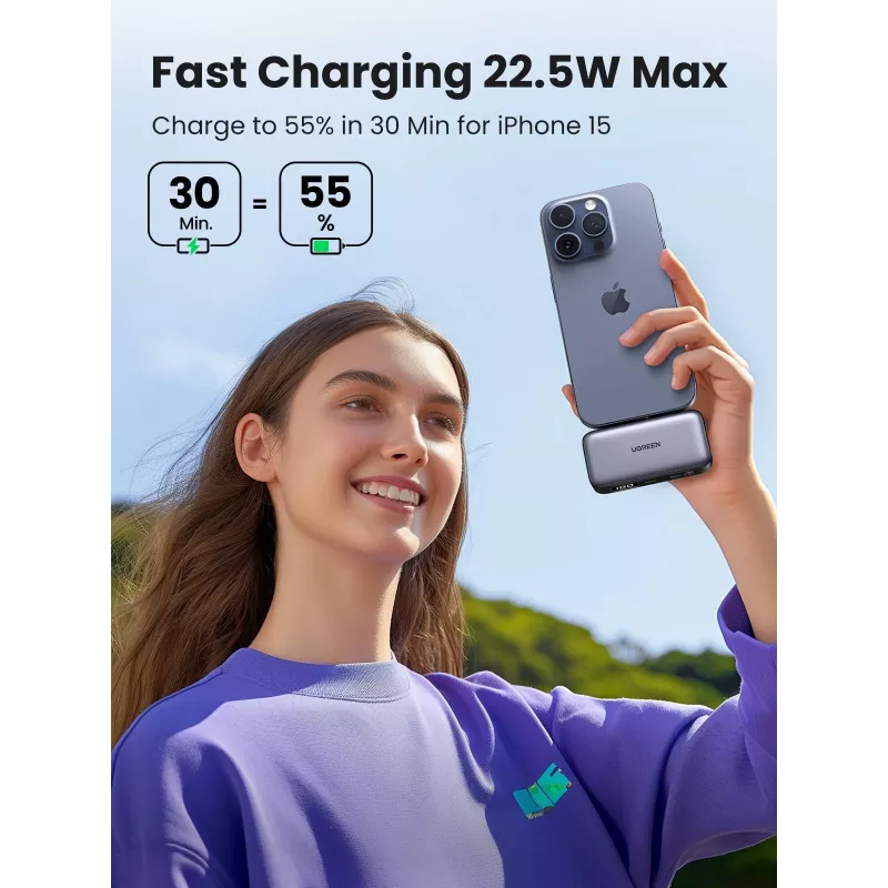 Powerbank UGREEN 35338, 5000 mAh, grigio, batteria portatile per smartphone, uscita per un dispositivo