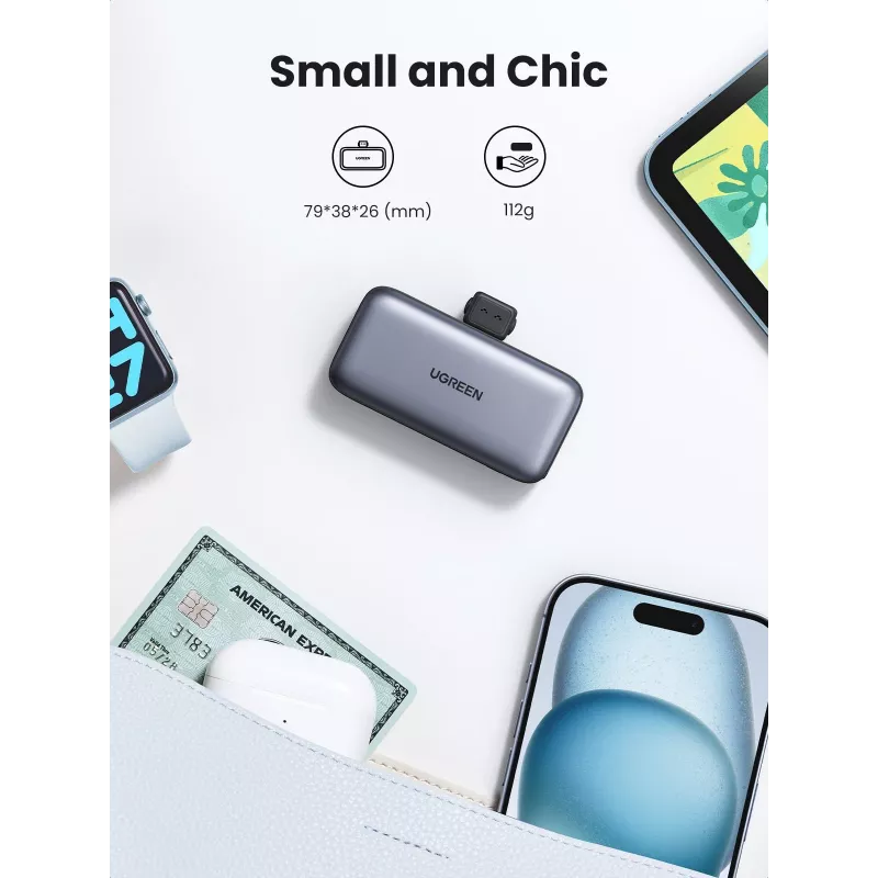 Powerbank UGREEN 35338, 5000 mAh, grigio, batteria portatile per smartphone, uscita per un dispositivo