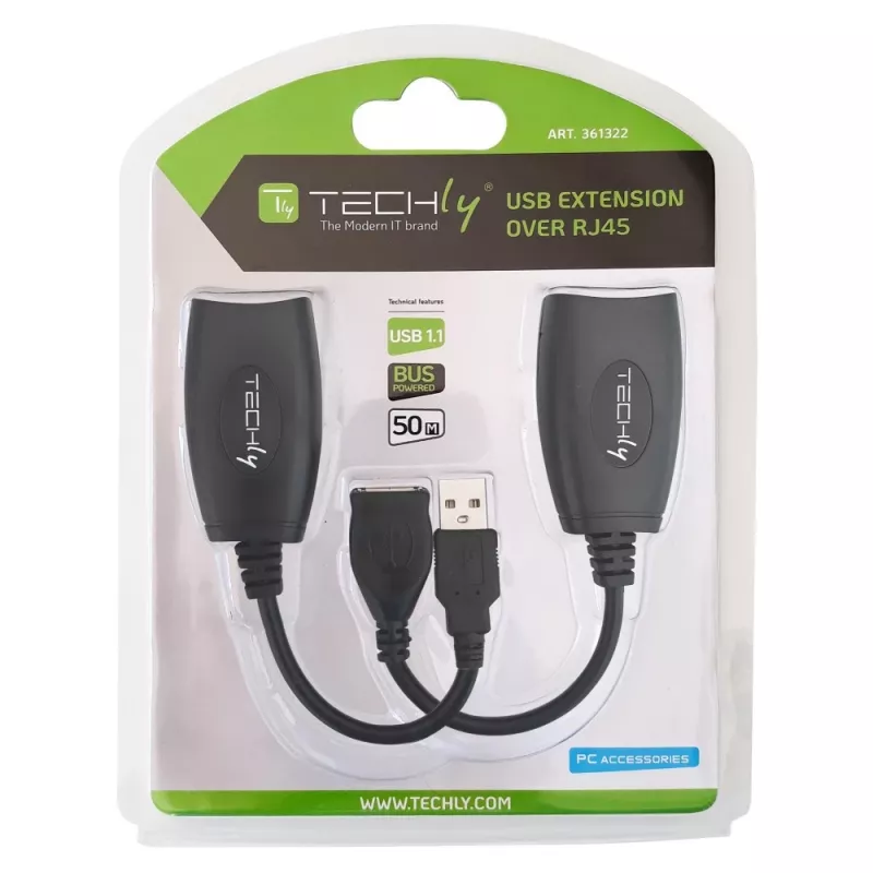 Techly IUSB-EXTENDTY5 extender USB su cavo Cat.5e/6 fino a 50 m, da USB a RJ-45, nero