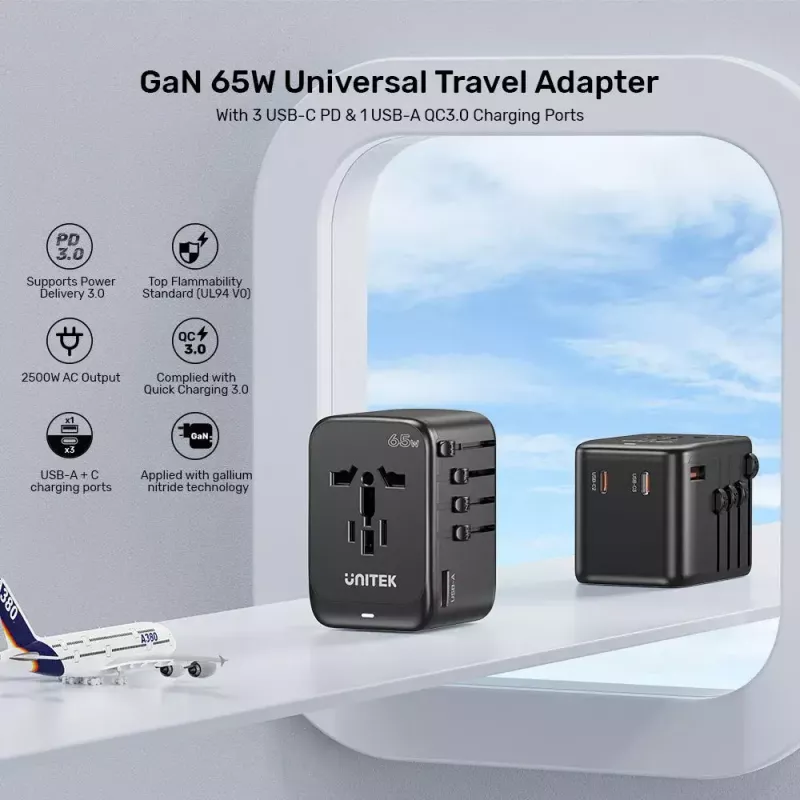 Adattatore da viaggio UNITEK P1122ABK01 universale nero Type-C G I