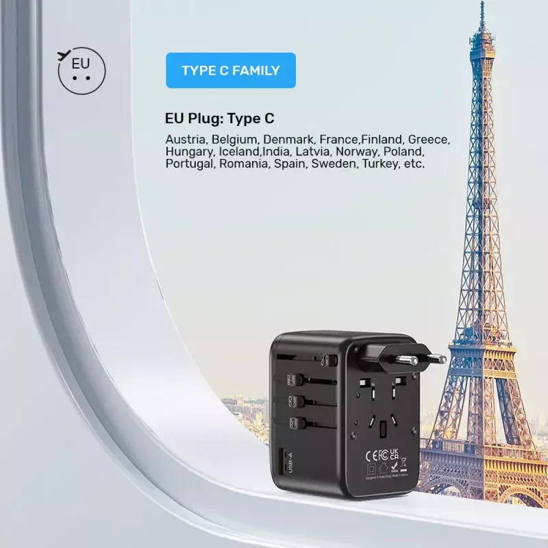 Adattatore da viaggio UNITEK P1122ABK01 universale nero Type-C G I