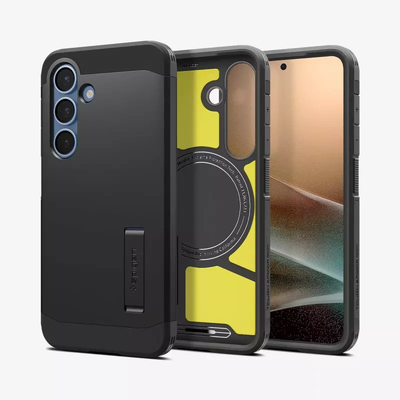 Custodia Spigen Galaxy S25 Tough Armor AI nero Cover con supporto da tavolo