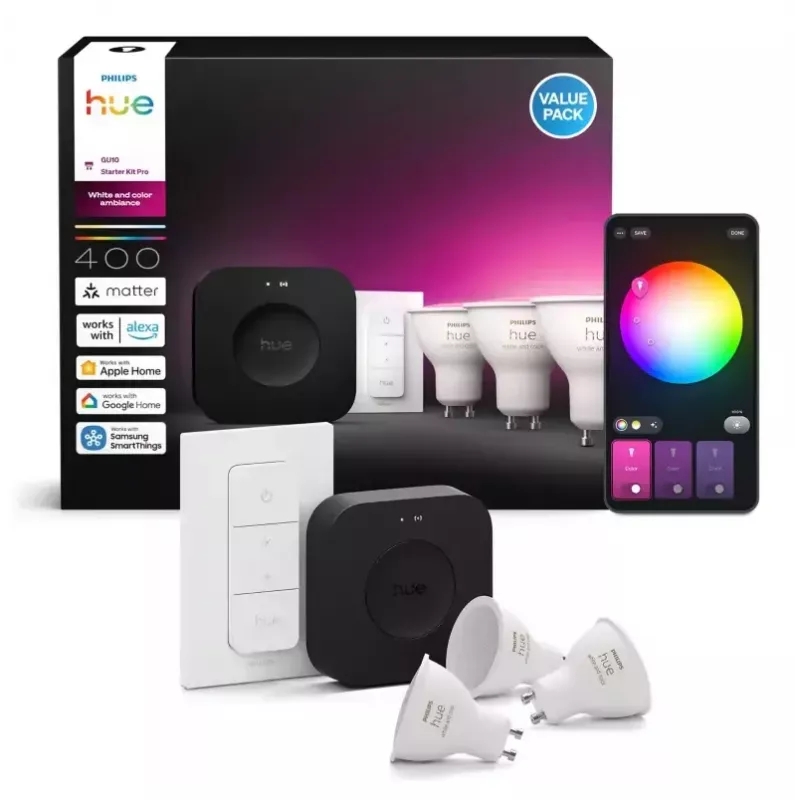 Philips Hue White and Colour Ambience Starterkit: 3 lampadine GU10 + interruttore dimmer + Bridge Pro