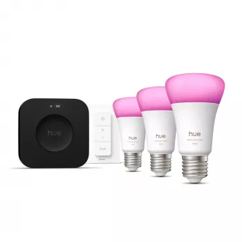 Set luci smart Philips Hue White and Colour Ambience Starter Kit — 3 lampade smart E27, interruttore dimmer, Bridge Pro, Bluetooth/Zigbee