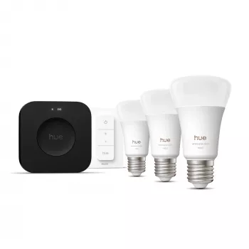 Set luci smart Philips Hue White and Colour Ambience Starter Kit — 3 lampade smart E27, interruttore dimmer, Bridge Pro, Bluetooth/Zigbee