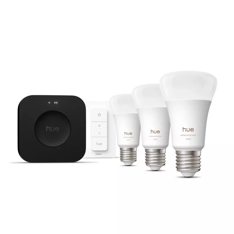 Set luci smart Philips Hue White and Colour Ambience Starter Kit — 3 lampade smart E27, interruttore dimmer, Bridge Pro, Bluetooth/Zigbee
