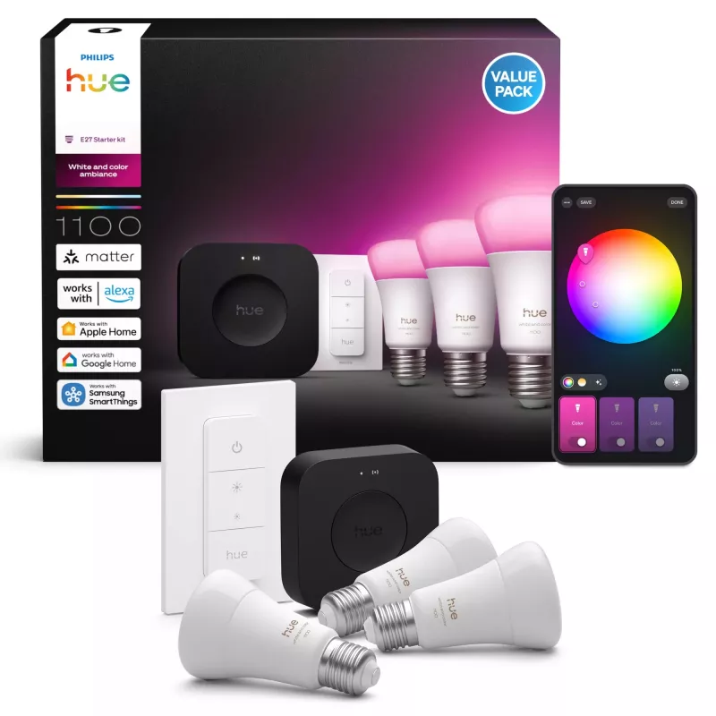 Set luci smart Philips Hue White and Colour Ambience Starter Kit — 3 lampade smart E27, interruttore dimmer, Bridge Pro, Bluetooth/Zigbee