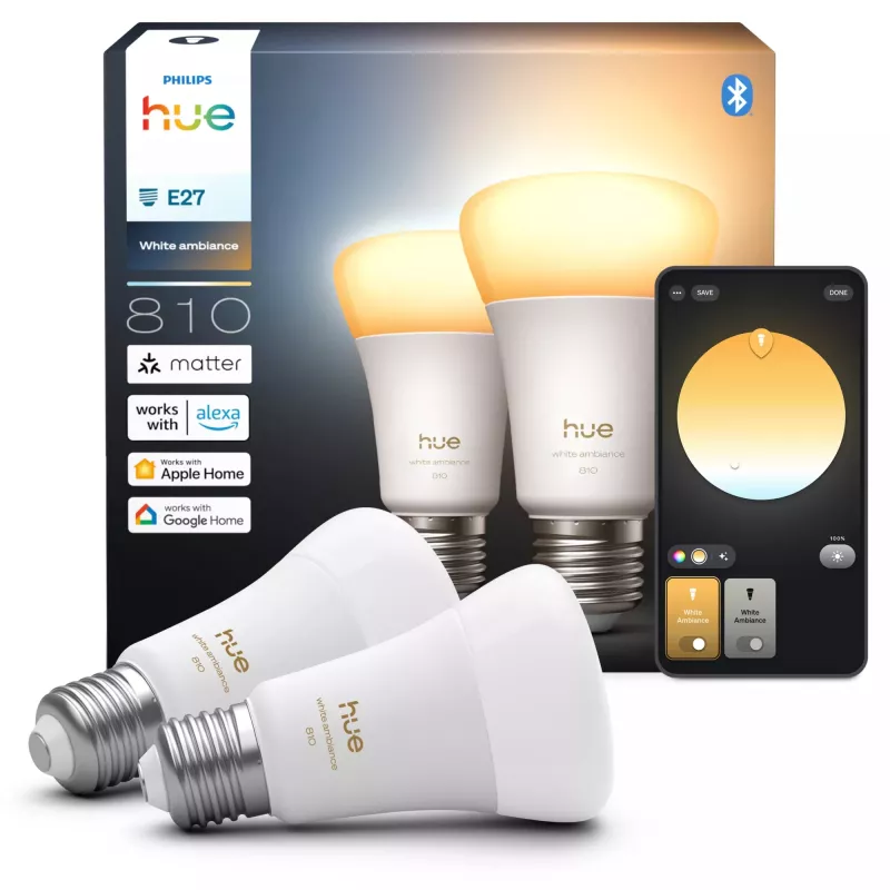 Lampadina smart Philips A60 E27 — Bluetooth/Zigbee, 6 W, 810 lm, bianco, confezione da 2