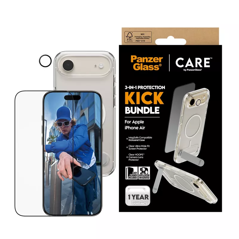 Bundle protezione PanzerGlass CARE 3-in-1 Feature Kick per iPhone Air — vetro temperato, PET, silicone, trasparente