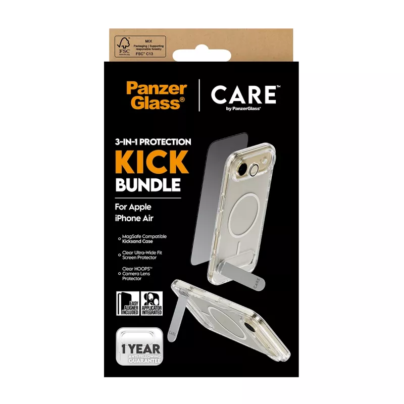 Bundle protezione PanzerGlass CARE 3-in-1 Feature Kick per iPhone Air — vetro temperato, PET, silicone, trasparente