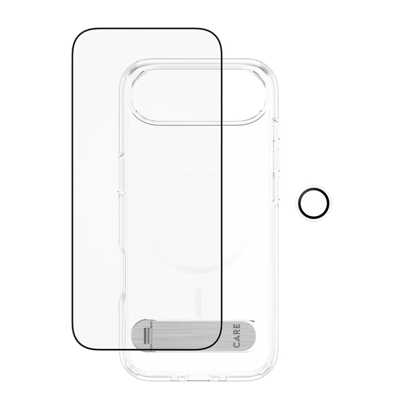Bundle protezione PanzerGlass CARE 3-in-1 Feature Kick per iPhone Air — vetro temperato, PET, silicone, trasparente