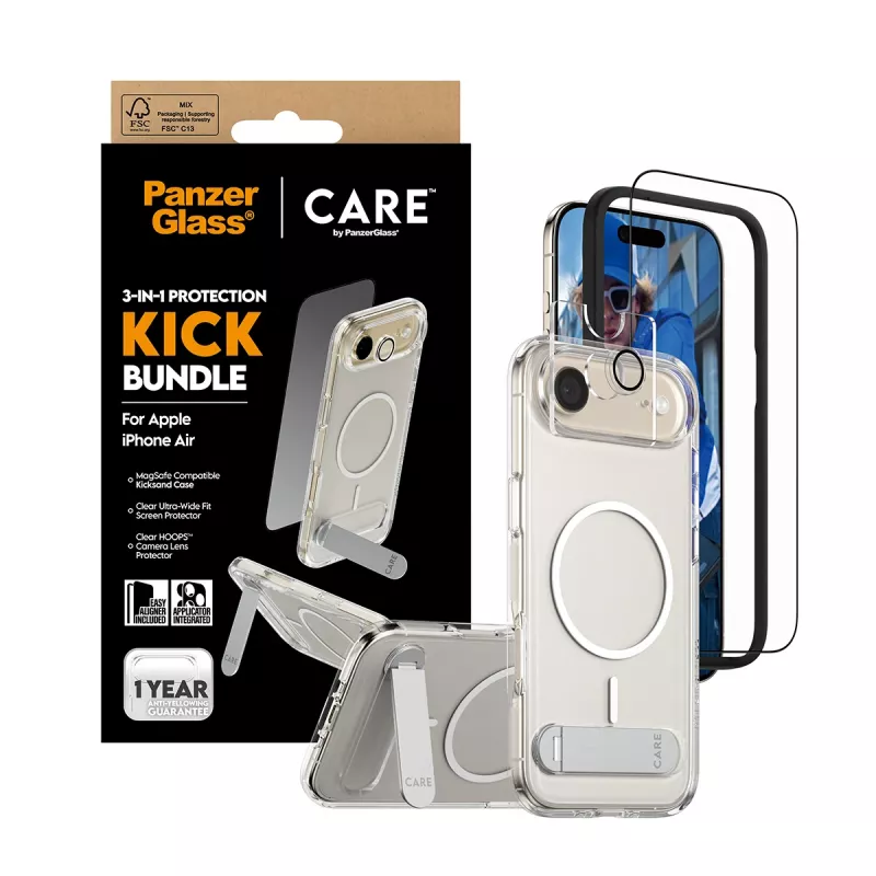 Bundle protezione PanzerGlass CARE 3-in-1 Feature Kick per iPhone Air — vetro temperato, PET, silicone, trasparente