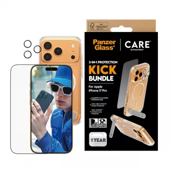 Custodia protettiva PanzerGlass CARE Feature Kick 3w1 per iPhone 17 Pro con copertura fotocamera in vetro