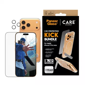 Bundle protezione schermo e custodia PanzerGlass CARE 3-in-1 Feature Kick per iPhone 17 Pro Max — vetro temperato, PET, silicone, trasparente