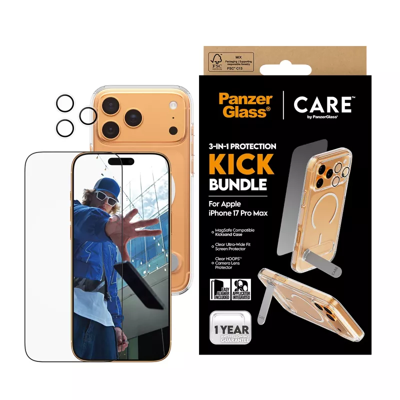 Bundle protezione schermo e custodia PanzerGlass CARE 3-in-1 Feature Kick per iPhone 17 Pro Max — vetro temperato, PET, silicone, trasparente