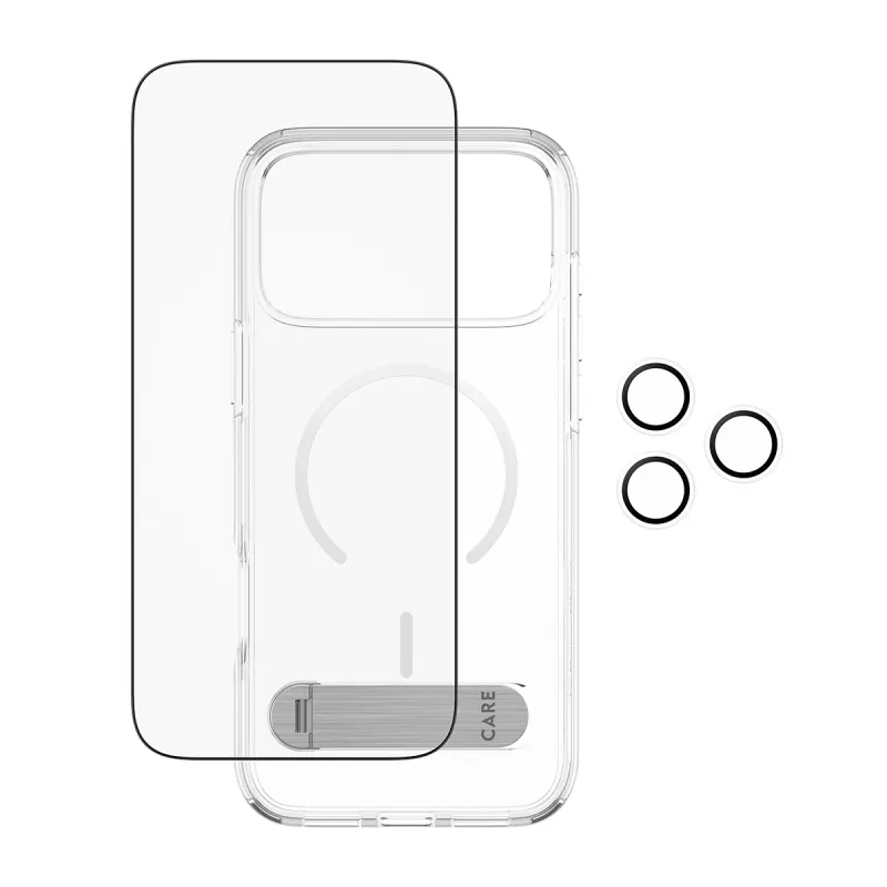 Bundle protezione schermo e custodia PanzerGlass CARE 3-in-1 Feature Kick per iPhone 17 Pro Max — vetro temperato, PET, silicone, trasparente