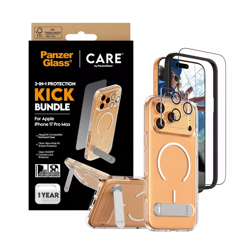 Bundle protezione schermo e custodia PanzerGlass CARE 3-in-1 Feature Kick per iPhone 17 Pro Max — vetro temperato, PET, silicone, trasparente