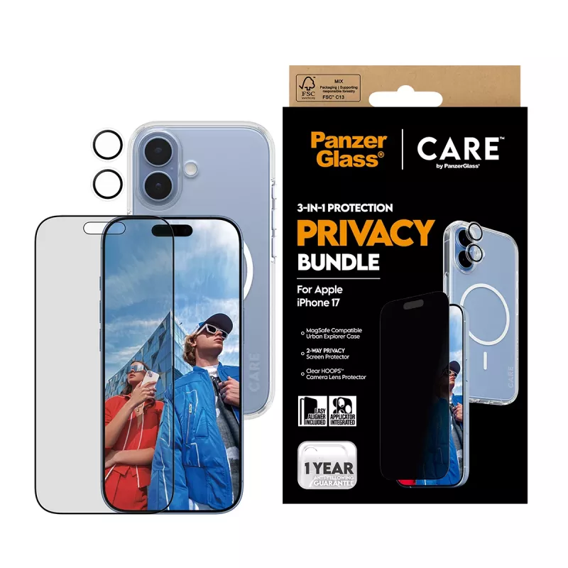 Custodia protettiva PanzerGlass Case CARE per iPhone 17 con protezione privacy, funzionalità 3-in-1