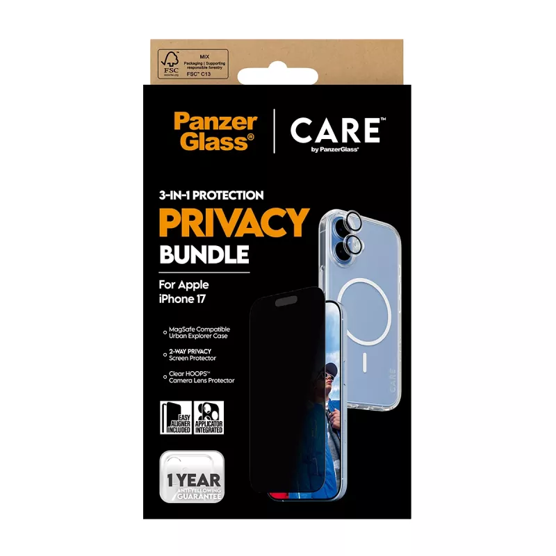 Custodia protettiva PanzerGlass Case CARE per iPhone 17 con protezione privacy, funzionalità 3-in-1