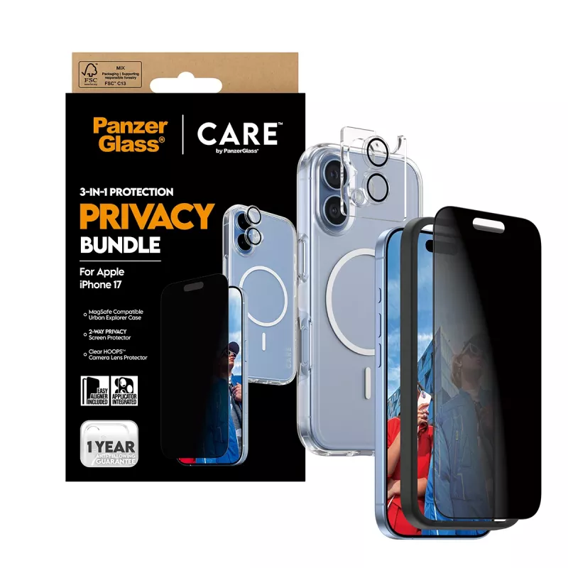 Custodia protettiva PanzerGlass Case CARE per iPhone 17 con protezione privacy, funzionalità 3-in-1