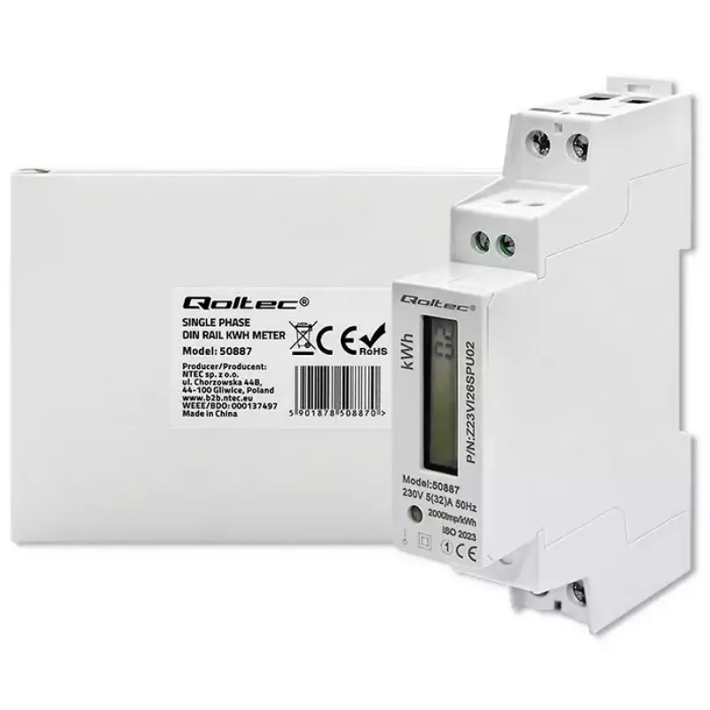 Contatore di energia monofase QOLTEC 50887 1 fase 230V LCD slim
