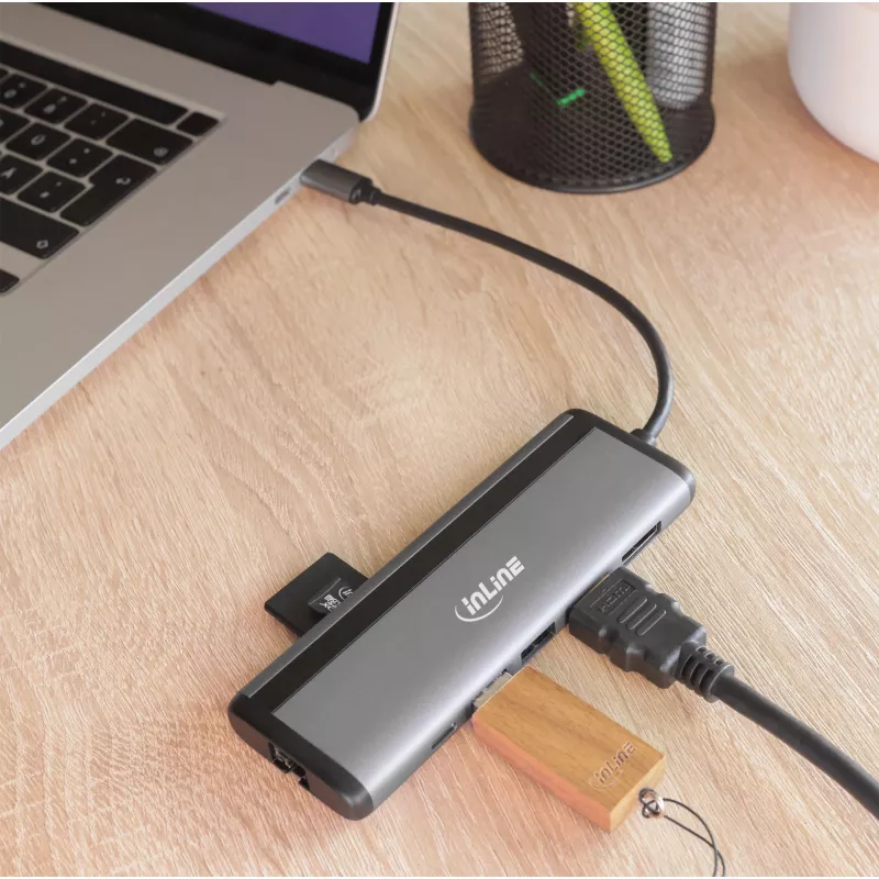 InLine hub multiplo USB-C 8-in-1, HDMI, DP, USB 3.2, PD 3.0 100W, MST