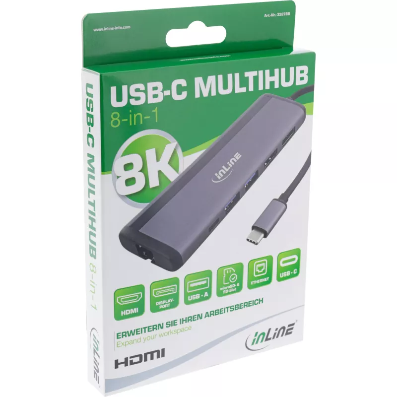 InLine hub multiplo USB-C 8-in-1, HDMI, DP, USB 3.2, PD 3.0 100W, MST