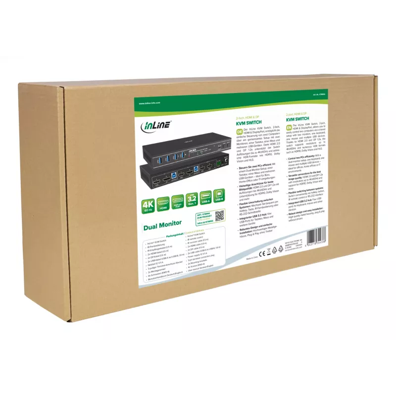 InLine 57885G Switch KVM, 2 vie, HDMI & DP, doppio monitor, 4K60Hz, hub USB, nero