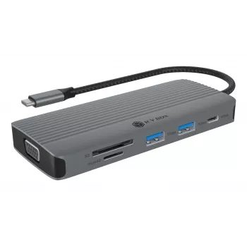 Docking station ICY BOX IB-DK4040a-CPD — 10-in-1 USB-C, HDMI 4K60Hz, VGA, 3×USB-A, Gigabit-LAN, PD 100W, SD/MicroSD, alluminio