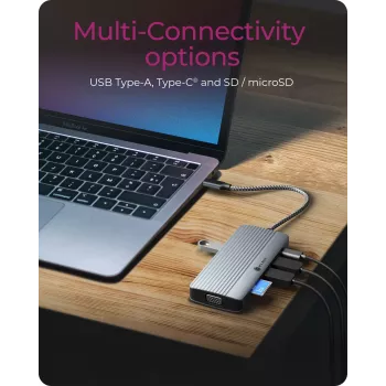 Docking station ICY BOX IB-DK4040a-CPD — 10-in-1 USB-C, HDMI 4K60Hz, VGA, 3×USB-A, Gigabit-LAN, PD 100W, SD/MicroSD, alluminio