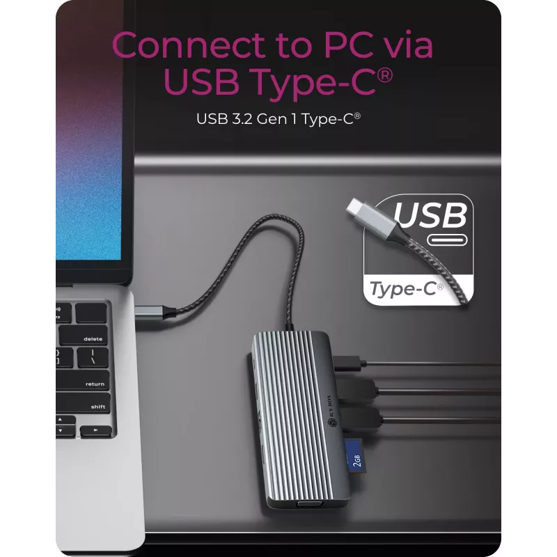 Docking station ICY BOX IB-DK4040a-CPD — 10-in-1 USB-C, HDMI 4K60Hz, VGA, 3×USB-A, Gigabit-LAN, PD 100W, SD/MicroSD, alluminio