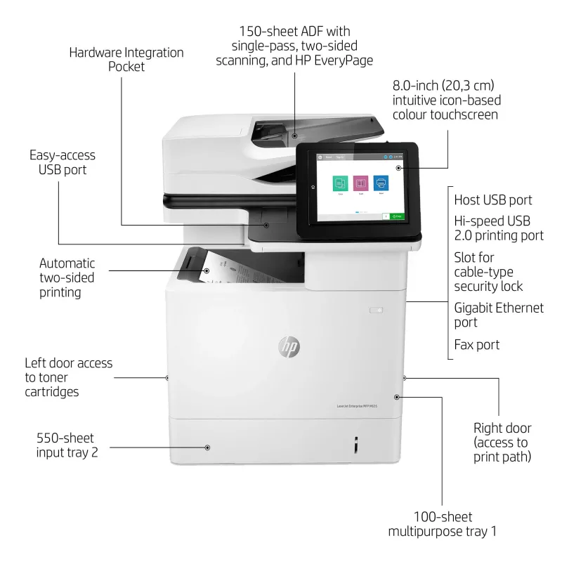 HP LaserJet Enterprise MFP M635h, laser, stampa monocromatica, 1200 x 1200 DPI, copia monocromatica, A4, nero, bianco