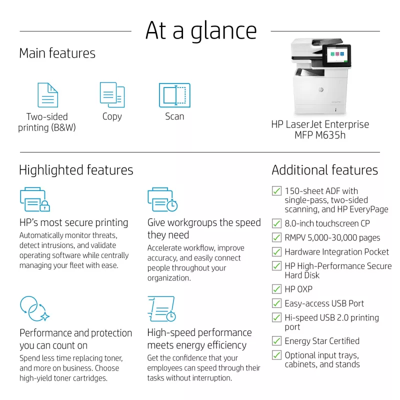 HP LaserJet Enterprise MFP M635h, laser, stampa monocromatica, 1200 x 1200 DPI, copia monocromatica, A4, nero, bianco