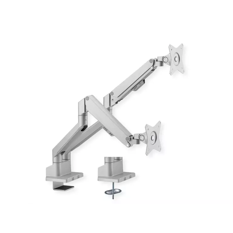 ROLINE 17.03.1158 braccio doppio per monitor, morsetto da scrivania, molla a gas, 5 snodi, 17–32 pollici, fino a 2x 9 kg, argento