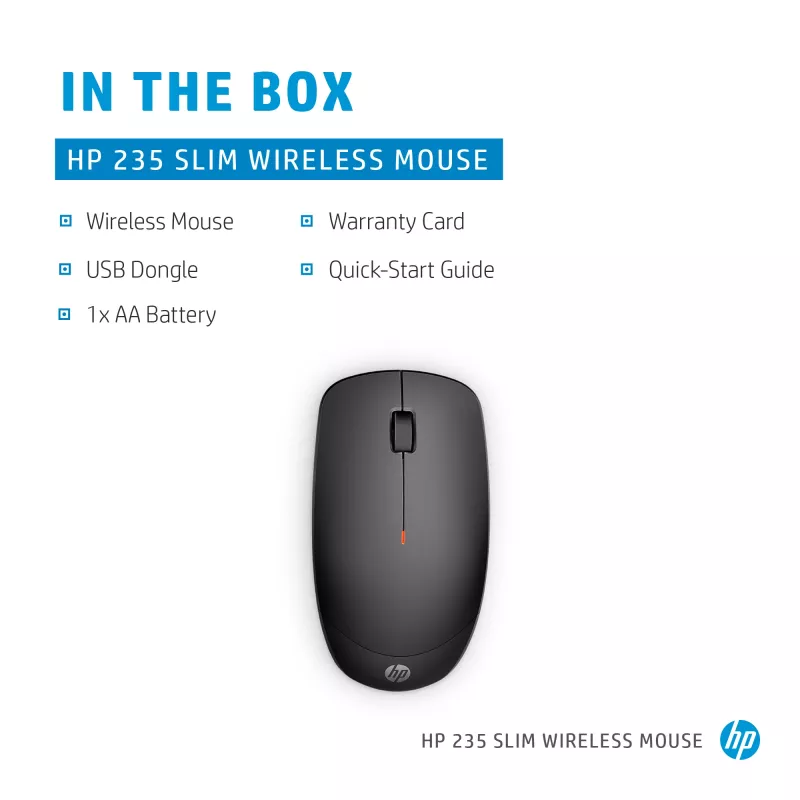 HP 235 mouse wireless sottile, ambidestro, ottico, RF Wireless, 1600 DPI, nero
