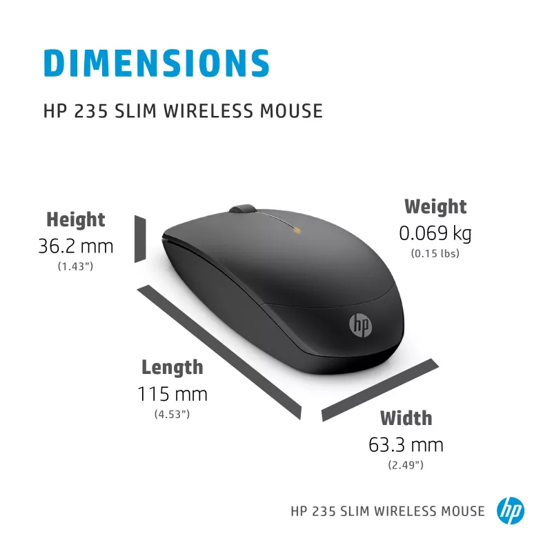 HP 235 mouse wireless sottile, ambidestro, ottico, RF Wireless, 1600 DPI, nero