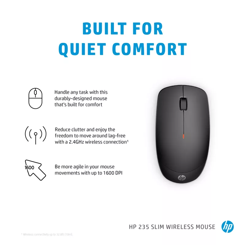 HP 235 mouse wireless sottile, ambidestro, ottico, RF Wireless, 1600 DPI, nero