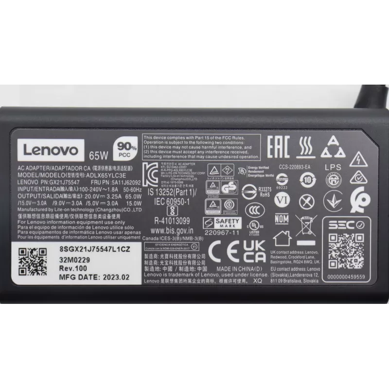 Alimentatore Lenovo 65W USB-C caricabatterie 5A11J62092 per laptop e dispositivi USB-C