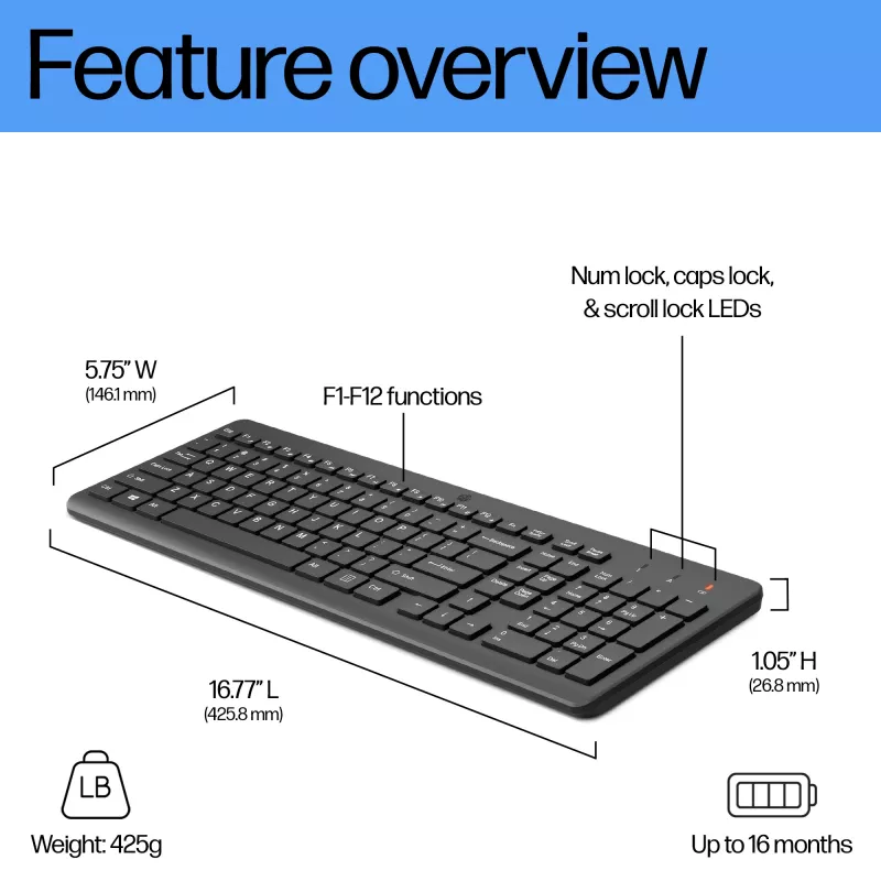 Tastiera a membrana full-size wireless HP 220 – nero, RF 2,4 GHz, ricevitore USB-A, QWERTY, tastierino numerico, batteria AAA