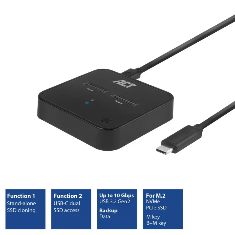 Docking e clonazione dual-SSD ACT M.2 NVMe/PCIe, USB-C 3.2 Gen2