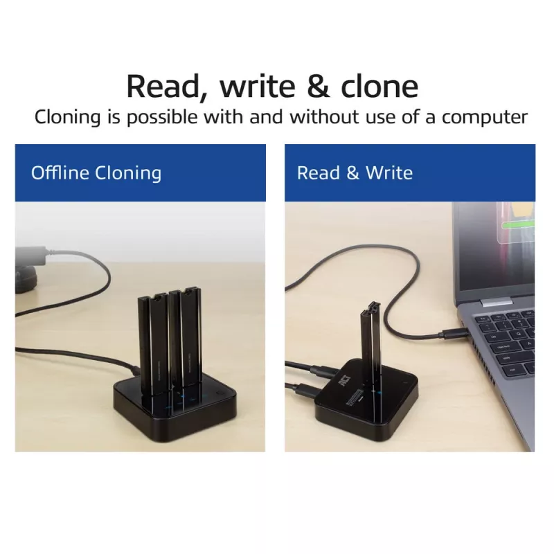 Docking e clonazione dual-SSD ACT M.2 NVMe/PCIe, USB-C 3.2 Gen2