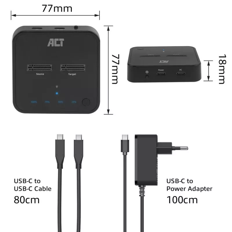 Docking e clonazione dual-SSD ACT M.2 NVMe/PCIe, USB-C 3.2 Gen2